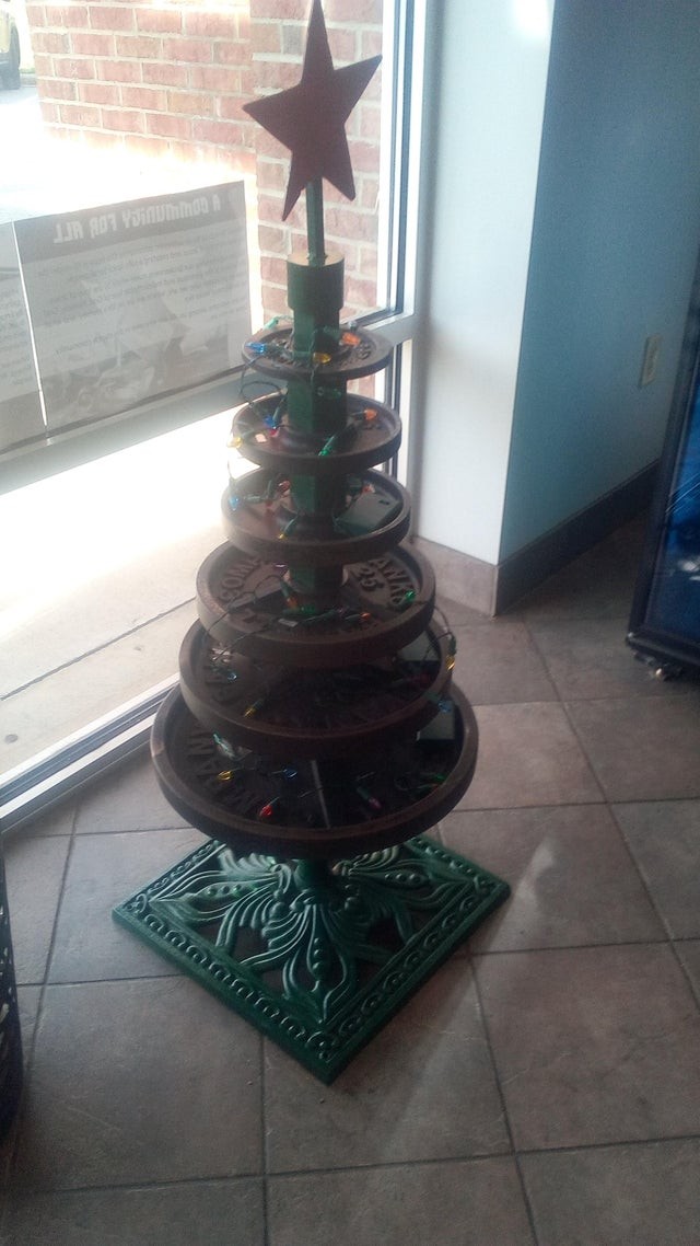 The Christmas tree at my gym is made entirely with weights!