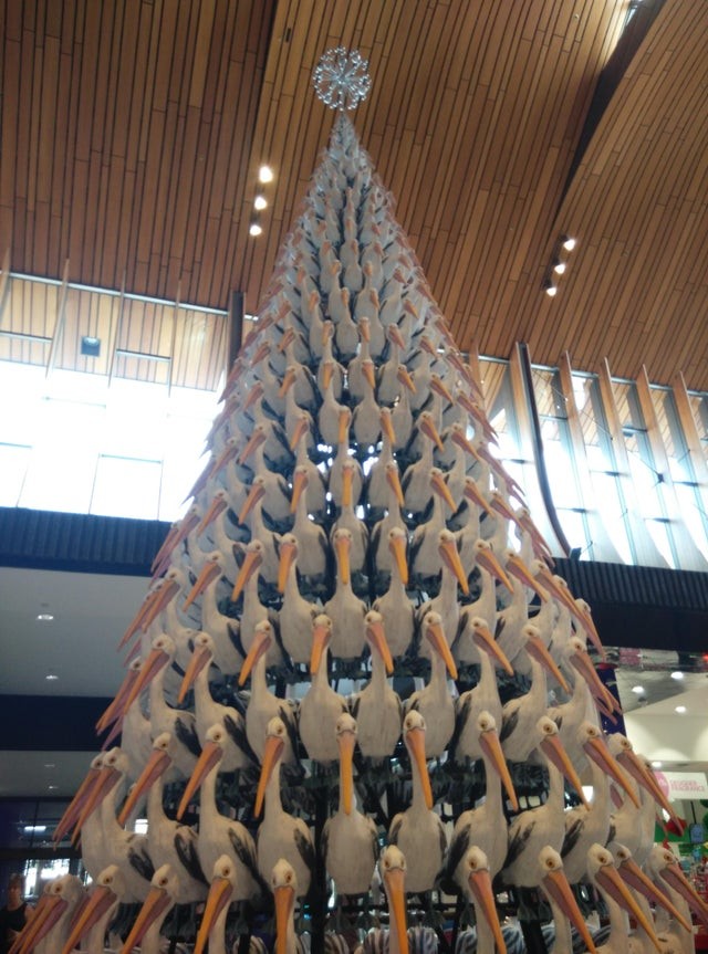 Ein aus Pelikanen gemachter Weihnachtsbaum in einem großen Geschäft für Tierartikel!