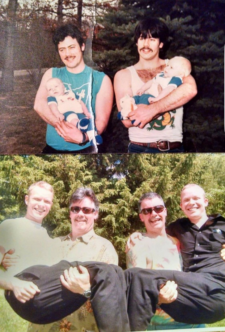 18. Des jumeaux tenant des jumeaux dans leurs bras en 1987, et la même photo reproduite en 2017