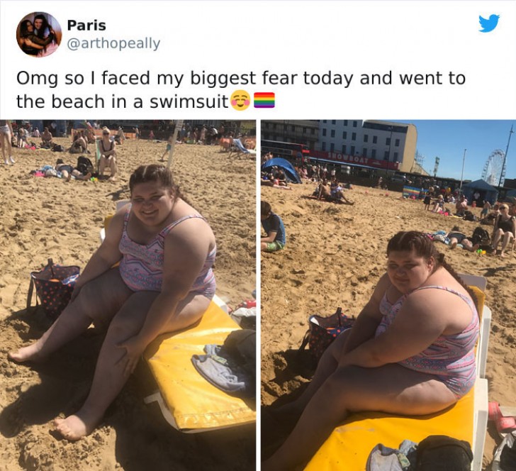 Una ragazza sovrappeso che se ne è fregata del suo aspetto e ha deciso di mostrare orgogliosamente il suo costume da bagno in spiaggia!