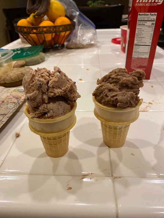He wanted ice cream, so I passed off frozen beans as a hazelnut cone!