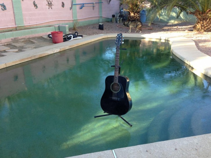 11. Une personne courageuse a posé sa guitare sur la plaque de glace formée sur la piscine : une façon différente de concevoir la musique.
