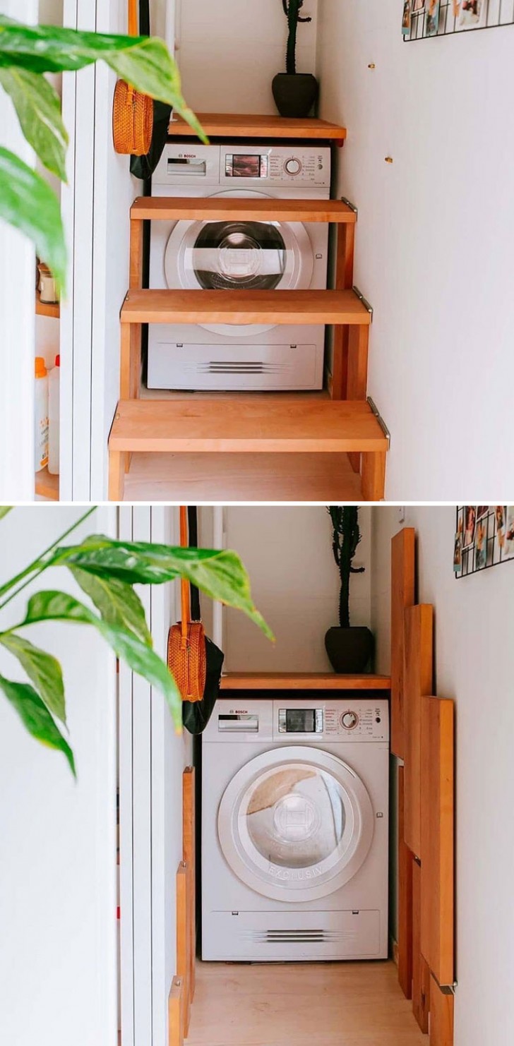 14. Quando lo spazio è poco, bisogna sfruttarlo al meglio: ecco che la lavatrice è stata posizionata dietro ad una scala apribile.