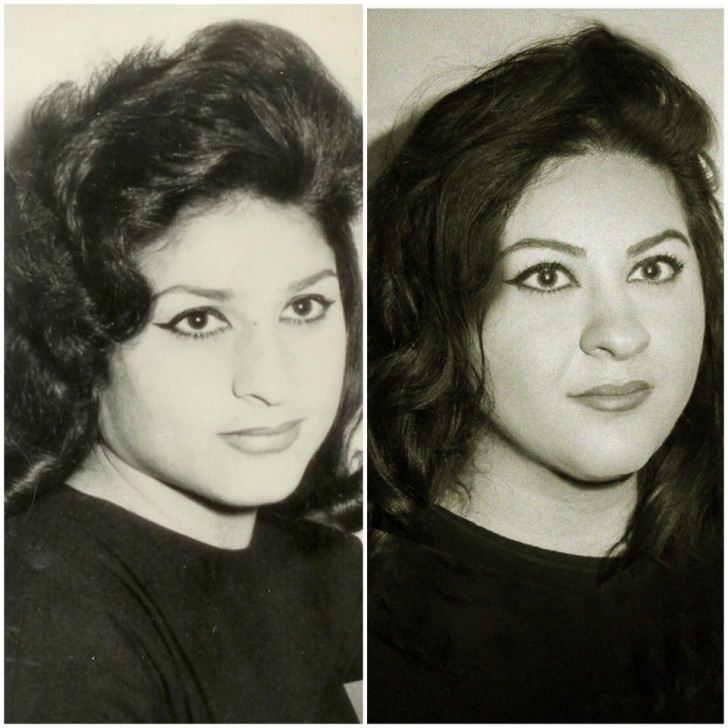 17. "La foto del pasaporte de mi abuela a la izquierda, fechada en 1955 y una foto mía, hoy en día, a la derecha"