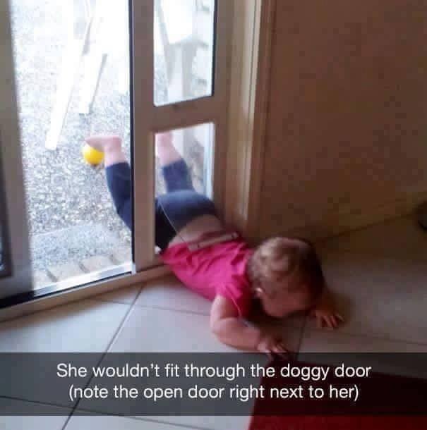 2. This little girl is crying because she can't get through the dog door. Couldn't she go through the open door?