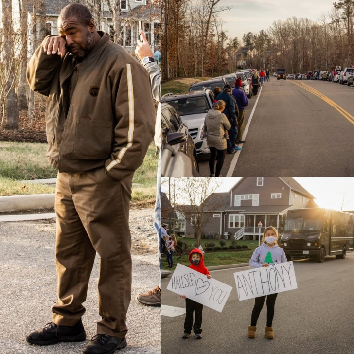 A courier who worked hard to deliver packages in time for Christmas and in full lockdown is cheered by the neighborhood. Quite moving!
