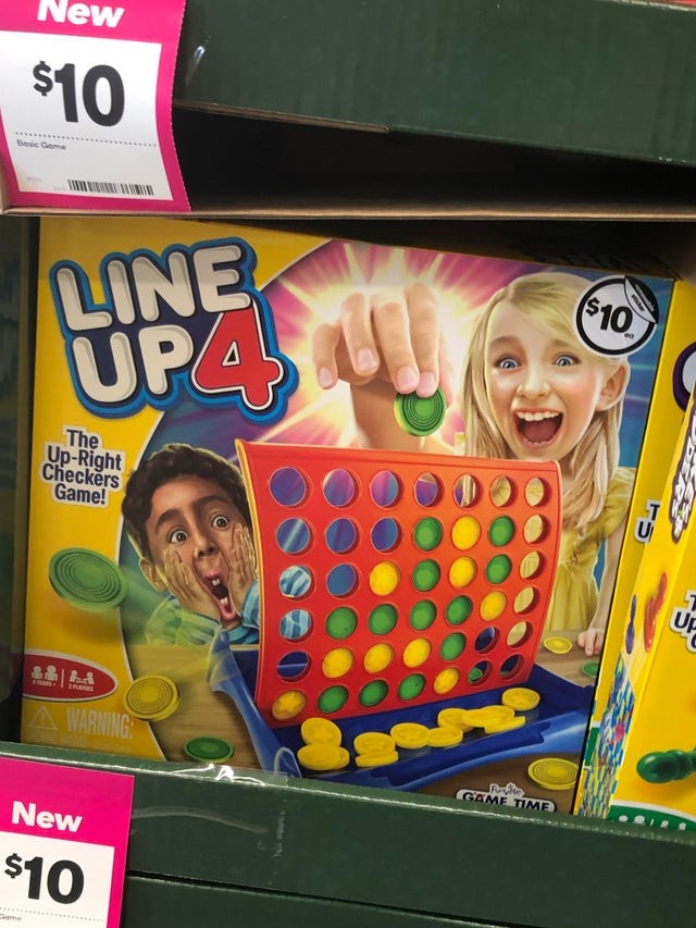 14. The "Line up 4!" game box: someone has already won and three pieces are literally suspended in the air!