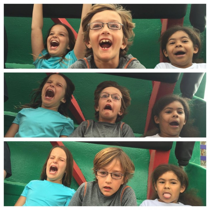5. C'est leur premier tour sur les montagnes russes : au début, ils semblent super amusés, mais leur expression change ensuite.
