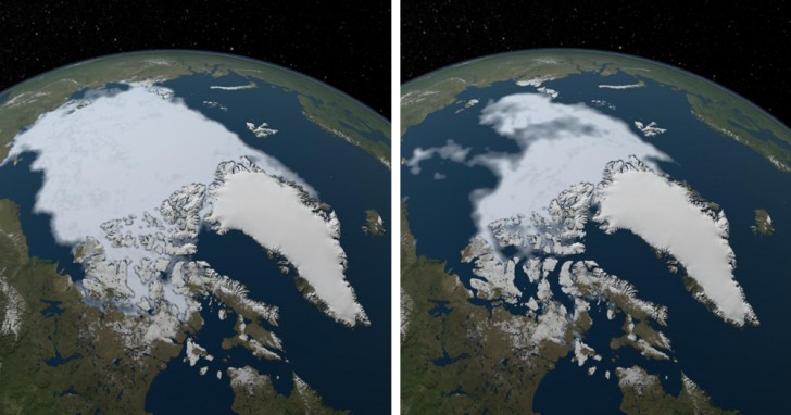 1. Les glaciers de l'Arctique en 1984 et 2012 : la différence est évidente.