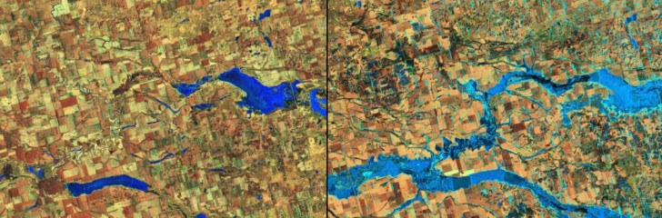 3. Zwei Aufnahmen (2015 und 2020) zeigen die massive Überflutung des James River, South Dakota