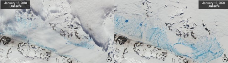 6. A peine deux ans de distance (2018-2020), l'avancée de l'eau au détriment de la glace, dans cette région de l'Antarctique, est tristement évidente
