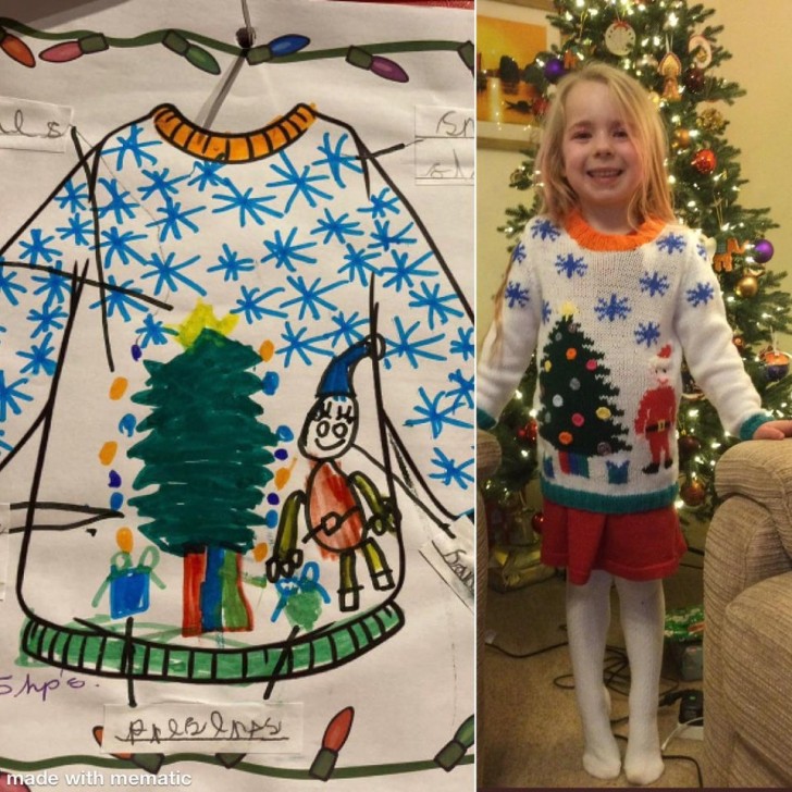 8. La bambina ha disegnato a scuola un maglione natalizio e la nonna gliene ha creato unico identico con i ferri. 