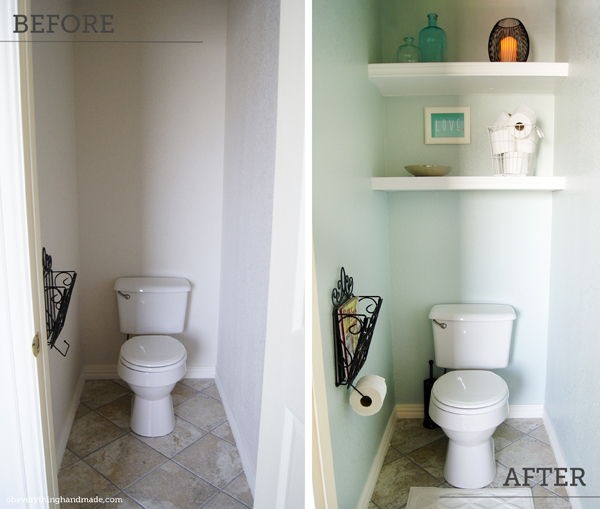 4. De ruimte boven het toilet wordt vaak niet benut. Planken kunnen voldoende zijn om extra bruikbare ruimte te creëren