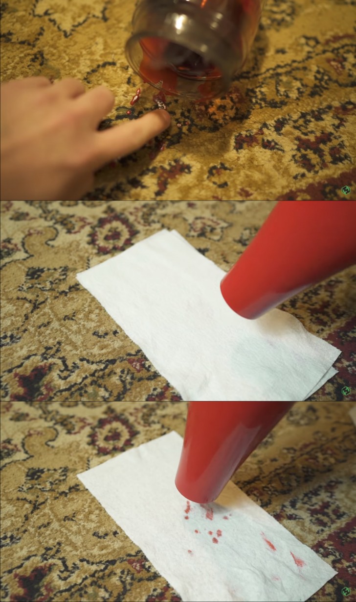 5. Als er was op het tapijt valt, verwarm het dan met een föhn, leg er een aantal servetten of keukenpapier op, blijf het verwarmen en druk er op zodat de vloeibare was wordt opgevangen door het keukenpapier