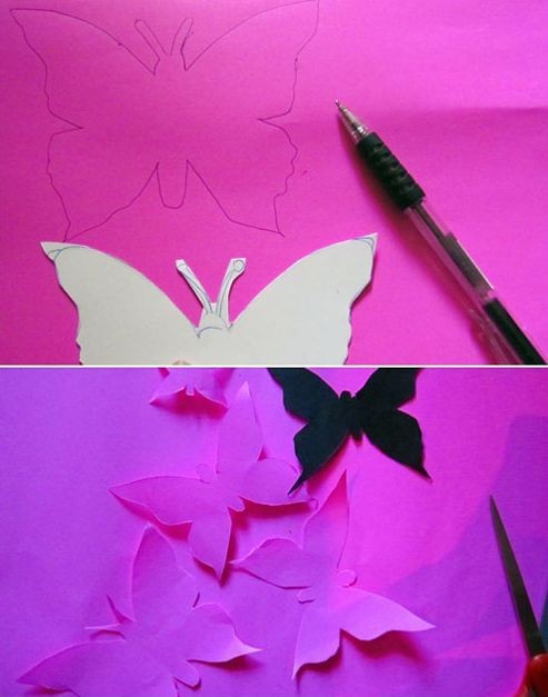 1. Stampate la sagoma (o più di una!) di farfalla che vi piace, magari in due o tre dimensioni diverse e ritagliate il modello per ciascuna, poi trasferitene i contorni su fogli di carta colorata