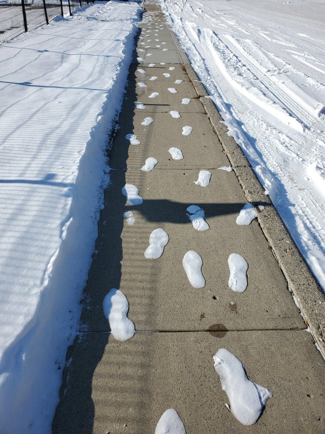 1. Der Schnee ist geschmolzen, hat aber diese Fußabdrücke hinterlassen. Wie haben sie es geschafft, dort unversehrt zu bleiben?