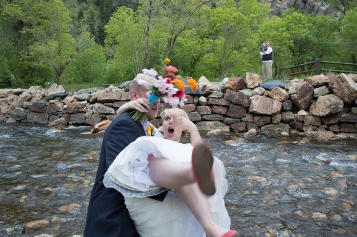 2. "My husband thought it was a good idea to pick me up while we were standing dangerously close to the creek on our wedding day."