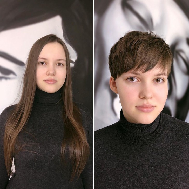 In her channel, Kristina compares images of her clients before and after cutting their hair