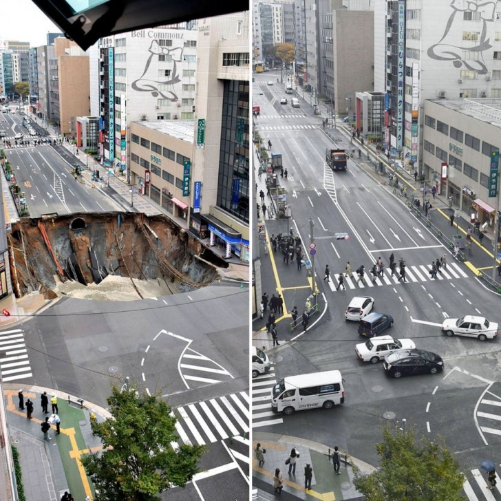 10. Credereste che questa voragine che si è aperta in strada a Fukuoka è stata riparata in soli 2 giorni?