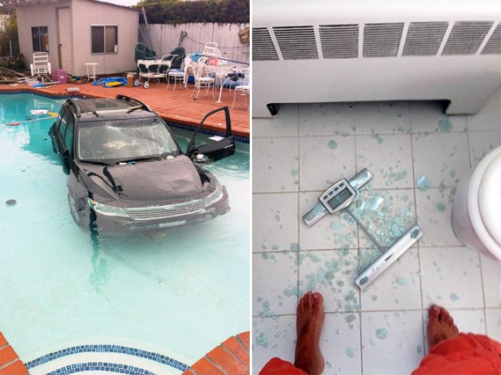 8. Deux malheurs : la voiture s'est retrouvée (on ne sait pas comment) dans une piscine et le verre de la balance s'est brisé en mille morceaux.