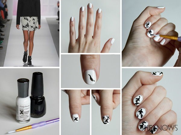 4. Questa manicure è ispirata al look di una sfilata: sfondo bianco e poi pennellate nere per ricordare uccelli in volo
