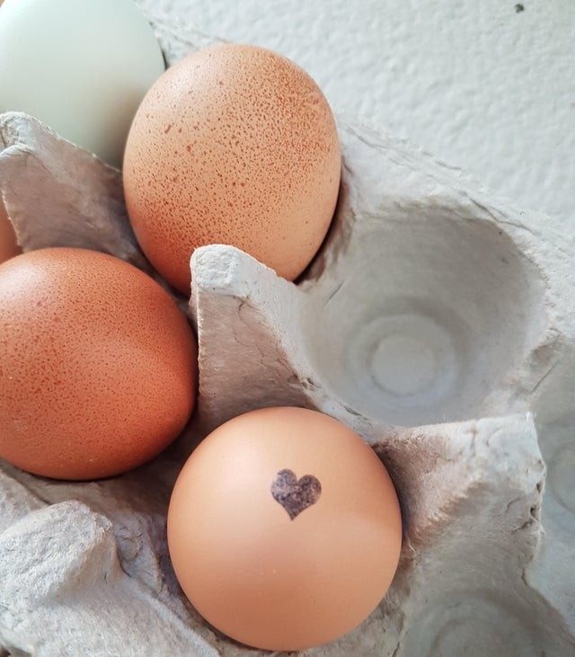 1. J'ai trouvé ce petit cœur imprimé sur un des œufs que j'ai acheté à la ferme locale : très bien !