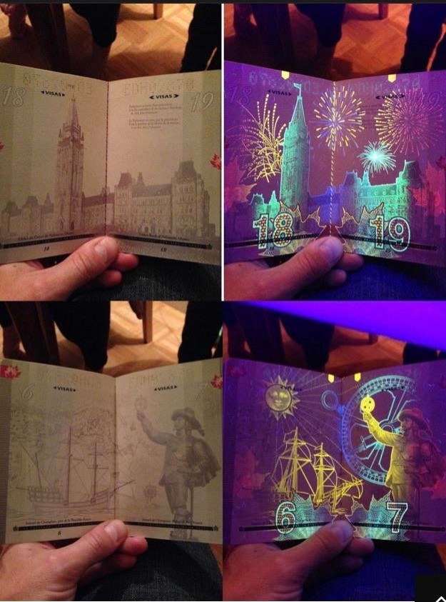 5. Il passaporto canadese guardato sotto la luce ultravioletta: davvero sorprendente!