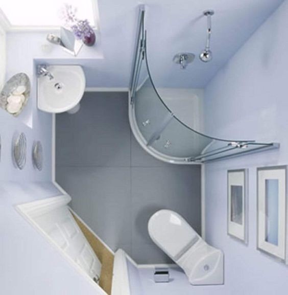 7. Deze badkamer is niet eens helemaal vierkant, dus wastafel, toilet en douche zijn allemaal in de hoeken geplaatst