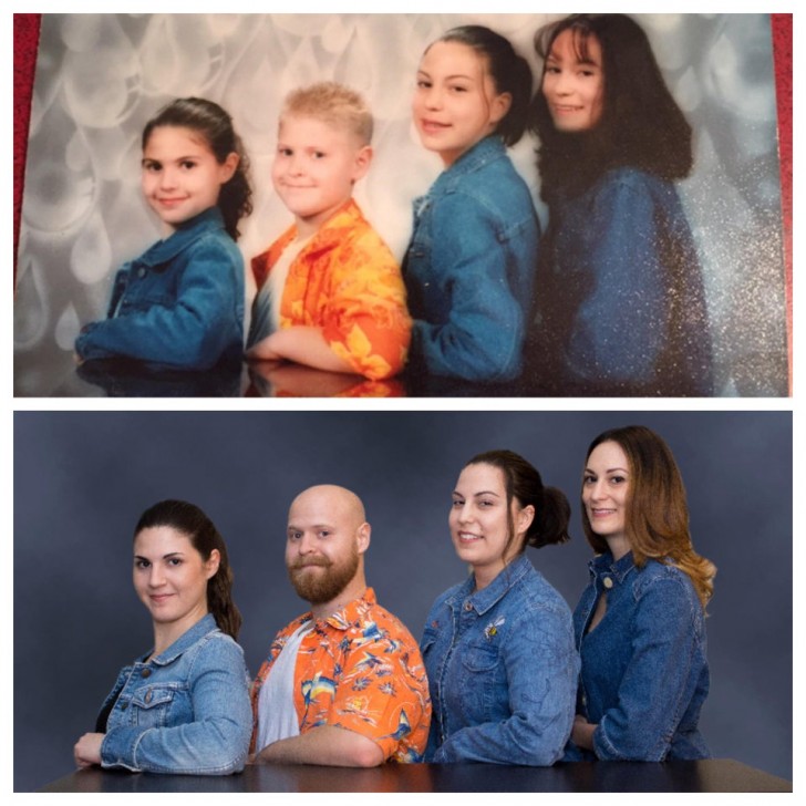 ¡15 años después, mismos hermanos y hermanas, misma ropa, misma pose!