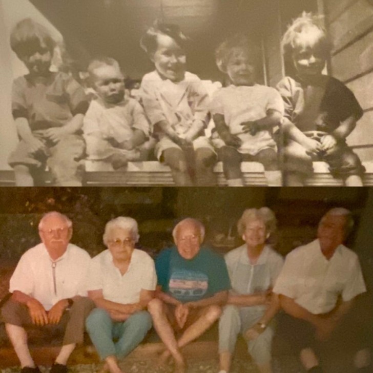 Mein Großvater, seine Schwester und ihre besten Freunde stellen ein sehr altes Foto fast 70 Jahre später nach!