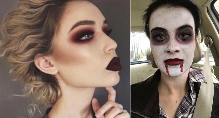 16. „Ich wollte ein professionelles Make-up für Halloween und habe 60 $ bezahlt, um es wie auf dem linken Foto zu kriegen, mit dem Zusatz von Blut. Das ist, was ich bekommen habe.“
