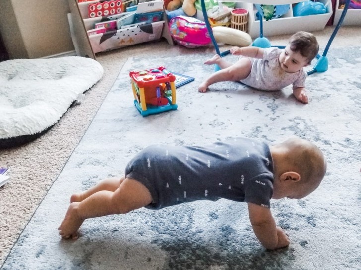 My wife works out a lot at home, so I often find my two little children like this: