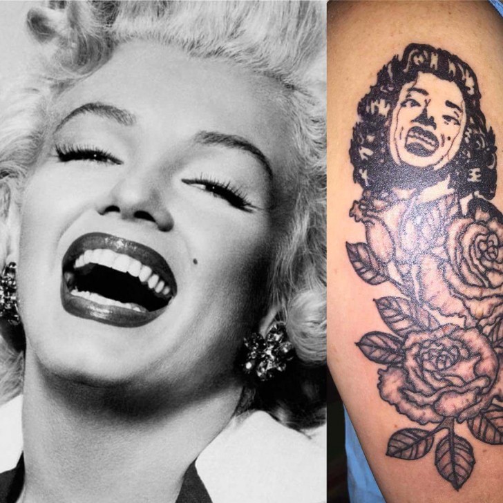 8. A gauche la sublime Marilyn Monroe et à droite une femme avec une grimace sur le visage et des roses, pour embellir.