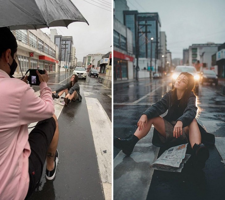 14. Chi bella vuole apparire un po' deve soffrire: sedute in strada sotto la pioggia non sarà il massimo, ma la foto è uscita bene!