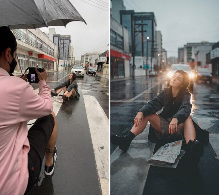 14. Quien bella quiere aparecer un poco debe sufrir: sentada en la calle bajo la lluvia no será lo mejor, ¡pero la foto ha salido bien!