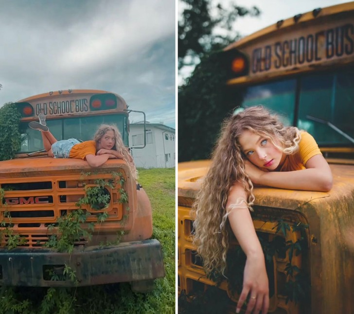 2. No one would ever lie down on a dirty old school bus ... but the photo on the right communicates a much more interesting scenario