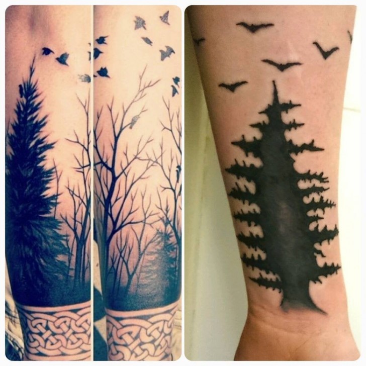 11. À gauche, le tatouage qu'elle aurait aimé et à droite, le travail de son tatoueur. 
