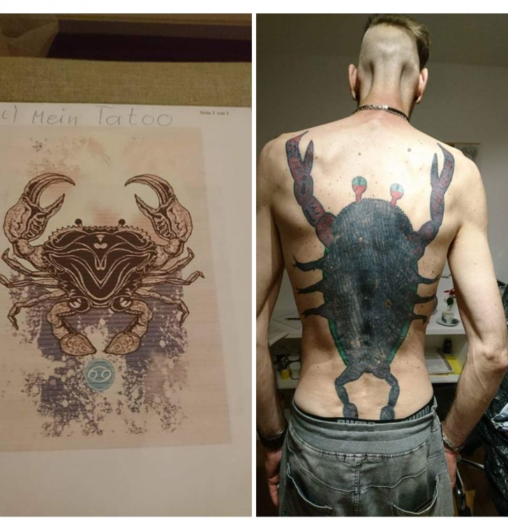 14. Ici aussi, le tatouage qu'il aurait voulu par rapport au tatouage qu'il a réellement : comment recouvrir un tatouage de cette taille ?
