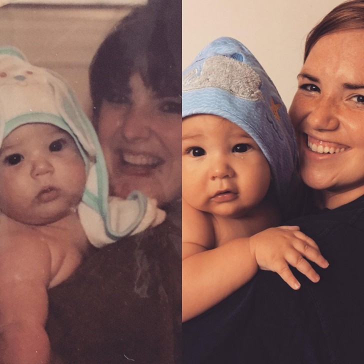 A sinistra: ma madre che regge una me appena nata. A destra: io che reggo la mia piccolina, ricreando la stessa foto e le stessa posa!