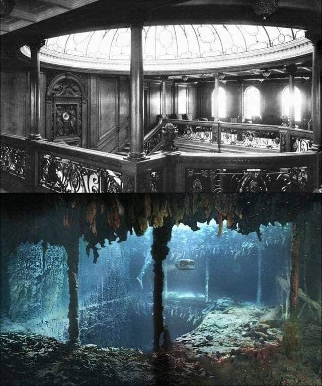 Um detalhe do interior do Titanic antes e depois do naufrágio: agora, o enorme navio é alimento para peixes e animais do fundo do mar...