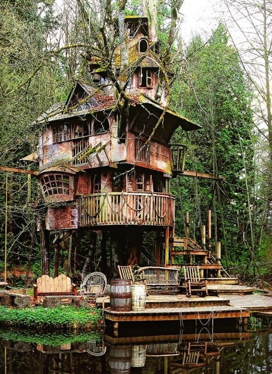 Imagine walking into the woods and finding this ghostly building abandoned among the greenery ....