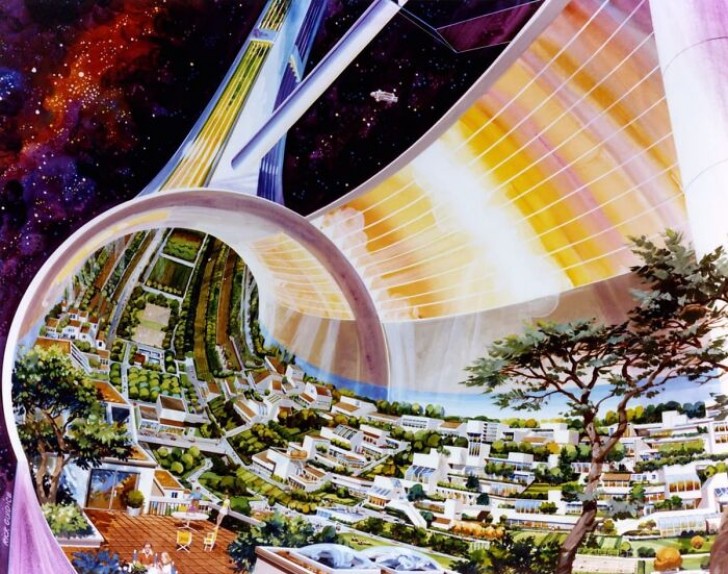 7. Visions d'établissements humains dans l'espace dans cette illustration rétro-futuriste.
