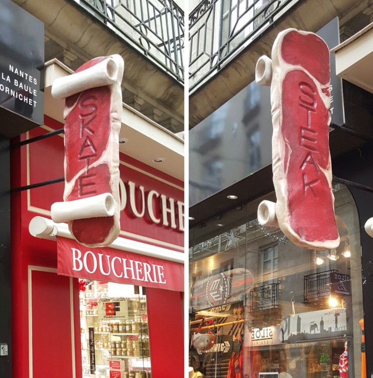 A skateboard shop and a butcher shop share the same sign: