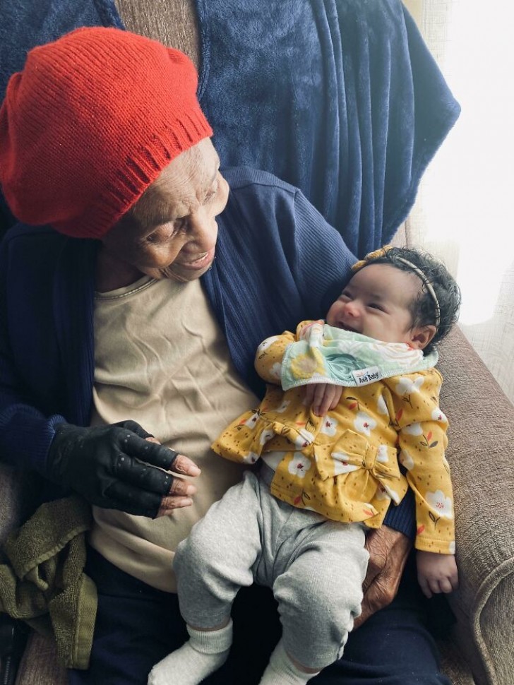 4. My great grandmother, who will turn 103 on Valentine's Day, laughs with my 2 month old daughter! "