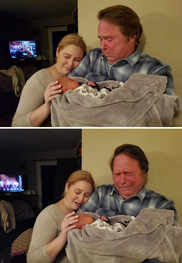 7. "Mon père pleure de joie en tenant son premier petit-enfant".