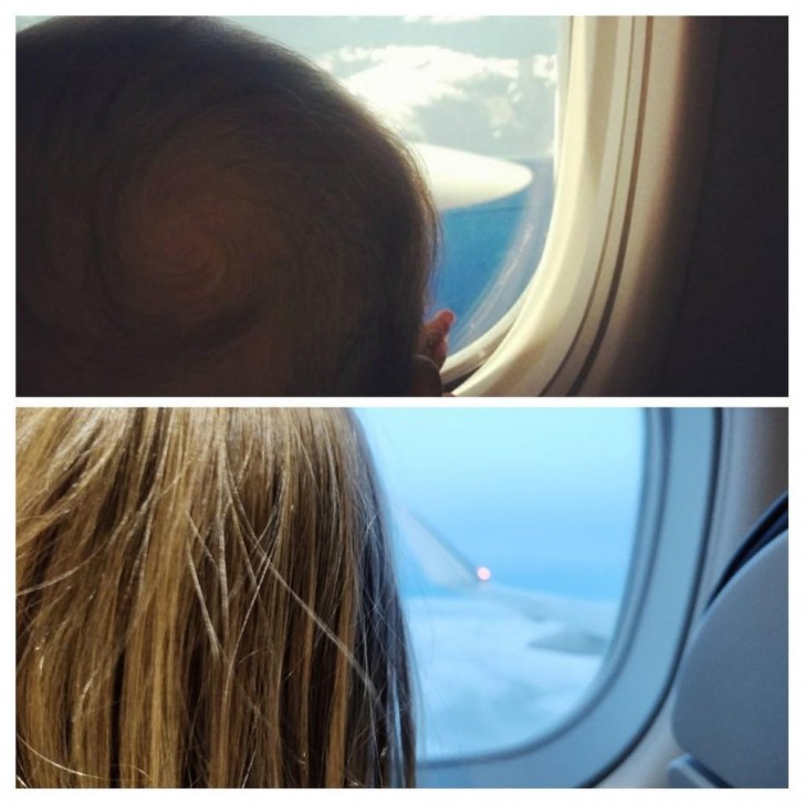 Mia figlia che guarda dal finestrino dell'aeroplano