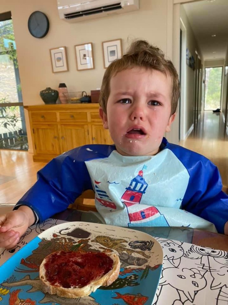 Il est sur le point de pleurer parce que sa biscotte n'est pas bien étalée...