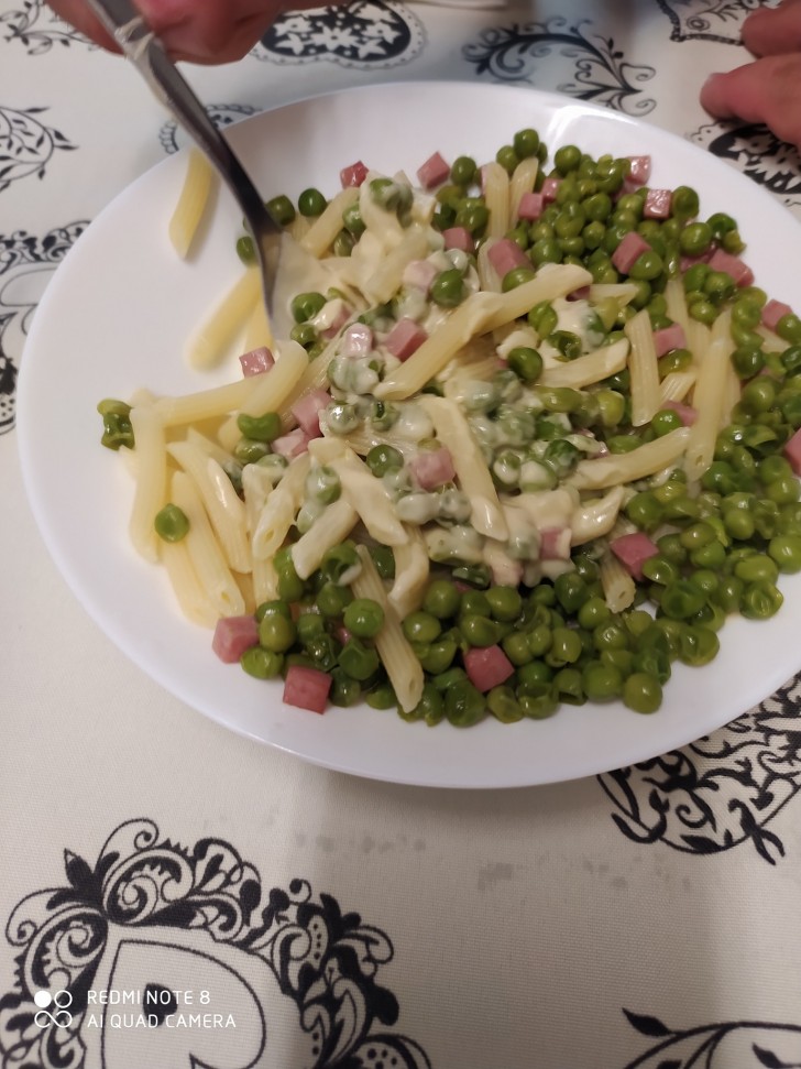 All the pasta on one side, all the peas on the other