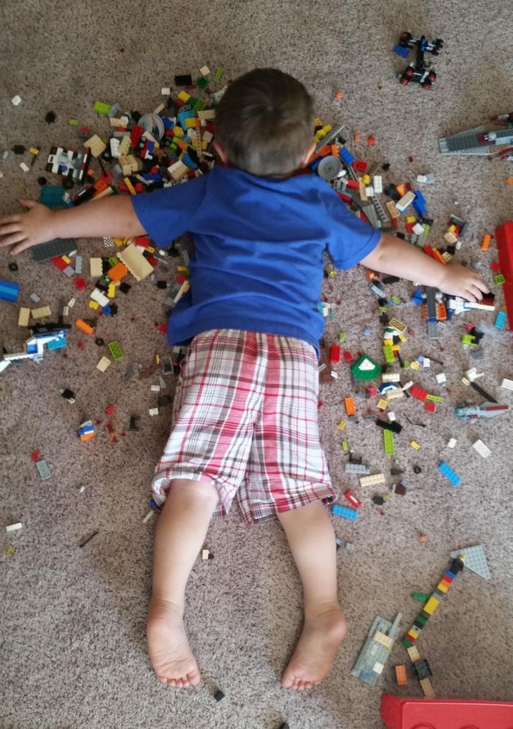 In utter desperation, he threw himself on top of his toys