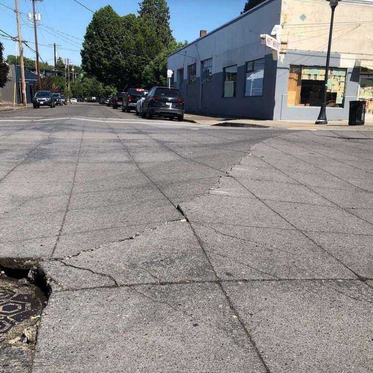 9. Ein Foto, das den Zustand des Bürgersteigs in den Straßen von Portland festhält.